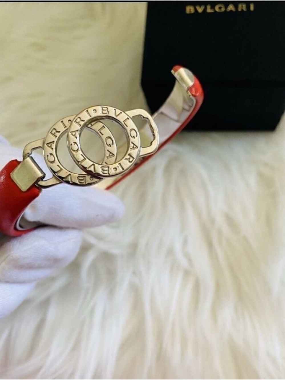 🛍️Bvlgari Authentic Bvlgari Red Leather Bracelet with Silver Logo Detail
